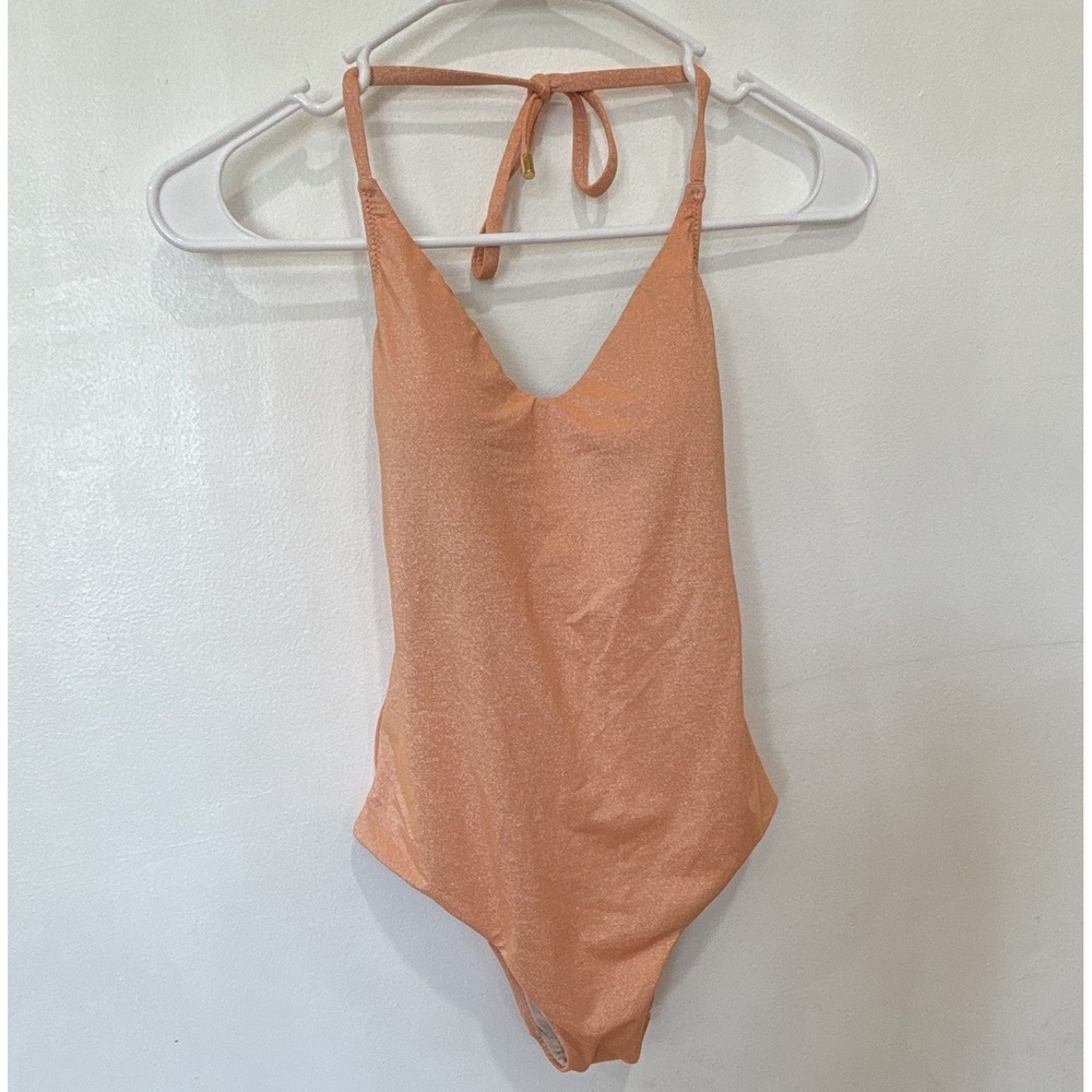 Bloomingdale's Orange Shimmer Halter Tie One-Piece Swimsuit Womens Size S